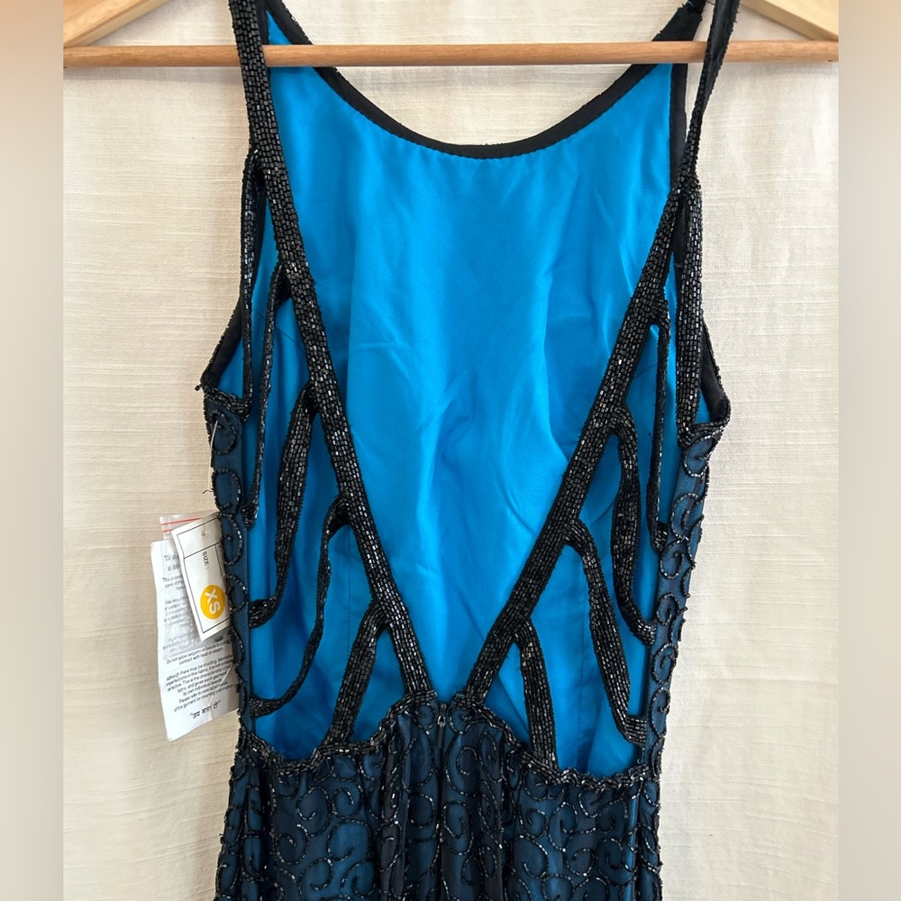 100% Silk NWT Sean Beaded Black Overlay Dress with Bright Blue Lining prom gala